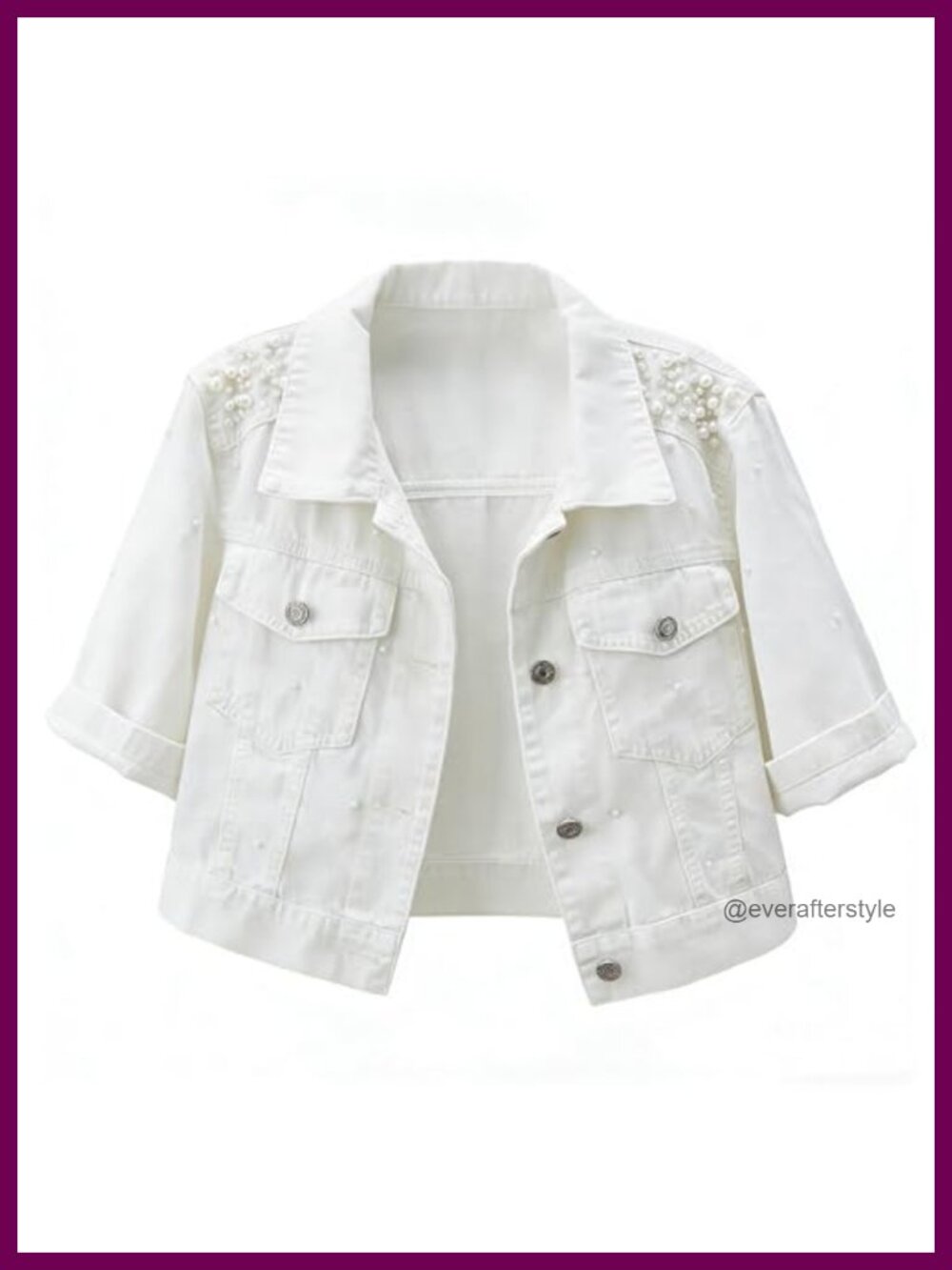 LifeShe Cropped Denim Jacket 3/4 Sleeve Pearl Rhinestone Trucker Coat